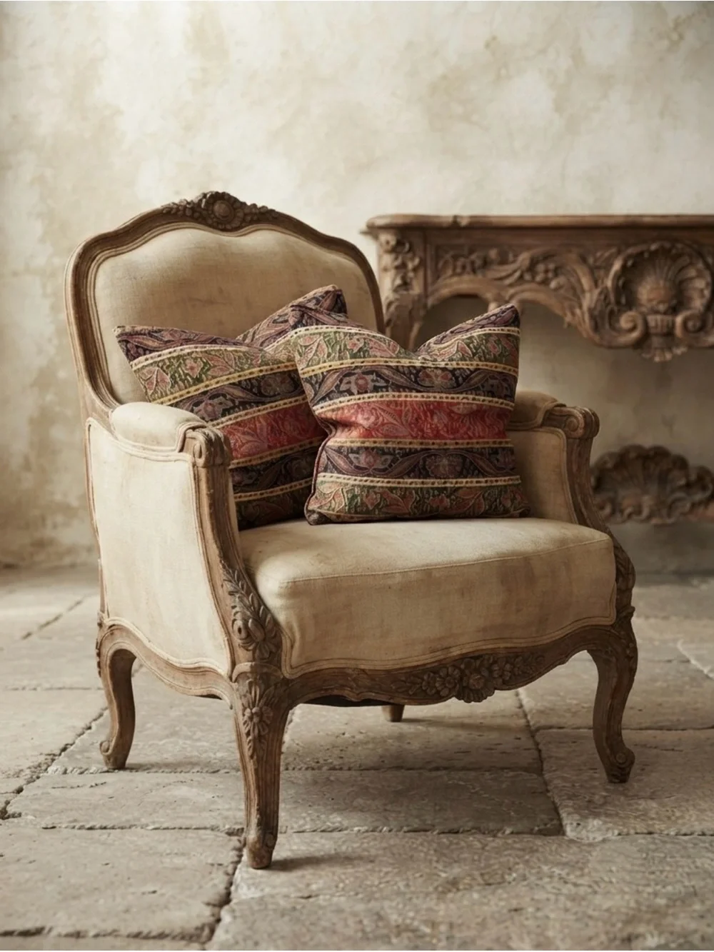 Pair VTG Custom 22x22 Feather Down Jacquard Tapestry Upholstery Designer Pillows